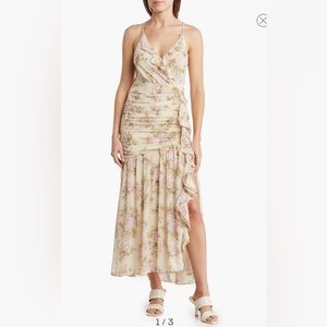 Sleeveless Ruched Ruffle Maxi Dress - Custard Lilac Floral